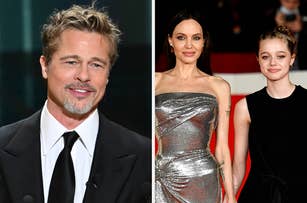 From left: Brad Pitt in a suit and tie, Angelina Jolie in a strapless metallic gown, and Shiloh Jolie-Pitt in a black dress