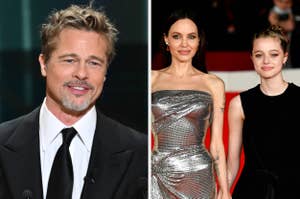 From left: Brad Pitt in a suit and tie, Angelina Jolie in a strapless metallic gown, and Shiloh Jolie-Pitt in a black dress