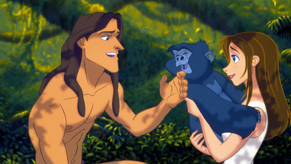 Tarzan, Jane, and Terk from Disney's "Tarzan" in a friendly moment in the jungle. Tarzan is shirtless, Jane is in a dress, and Terk is a young gorilla