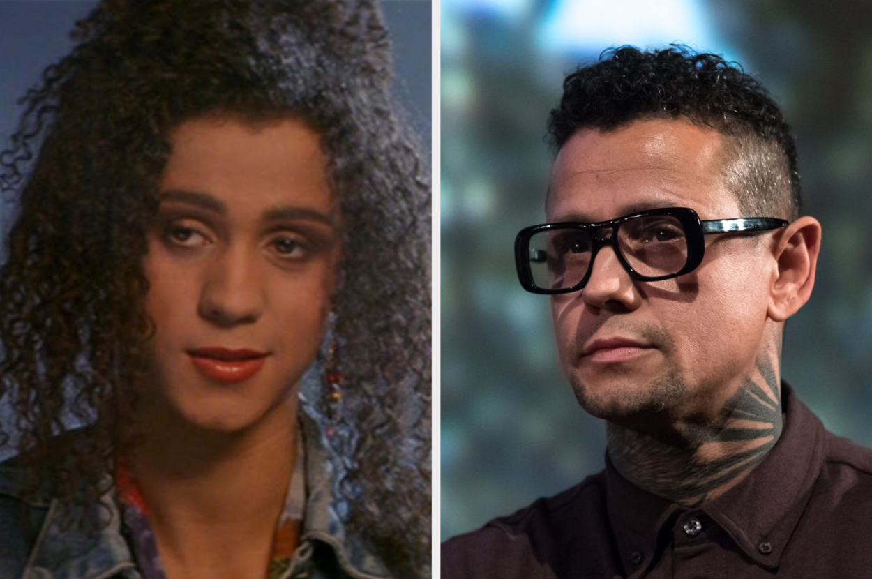 Two side-by-side images: On the left, an actor from a film with curly hair and denim jacket; on the right, the same person as an adult with short hair, glasses, and tattoos