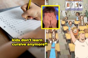 Hand writing cursive on paper. Overlay of man covering face with hands. Illustration of students excitedly ripping up papers titled "kids don't learn cursive anymore?!"