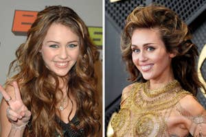 Miley Cyrus in two images: on the left, making a peace sign with wavy hair and casual outfit; on the right, smiling with styled hair and an elegant, intricate outfit