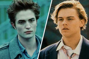 Robert Pattinson and Leonardo DiCaprio, each appearing in character roles from different films, are shown side by side in this comparative image
