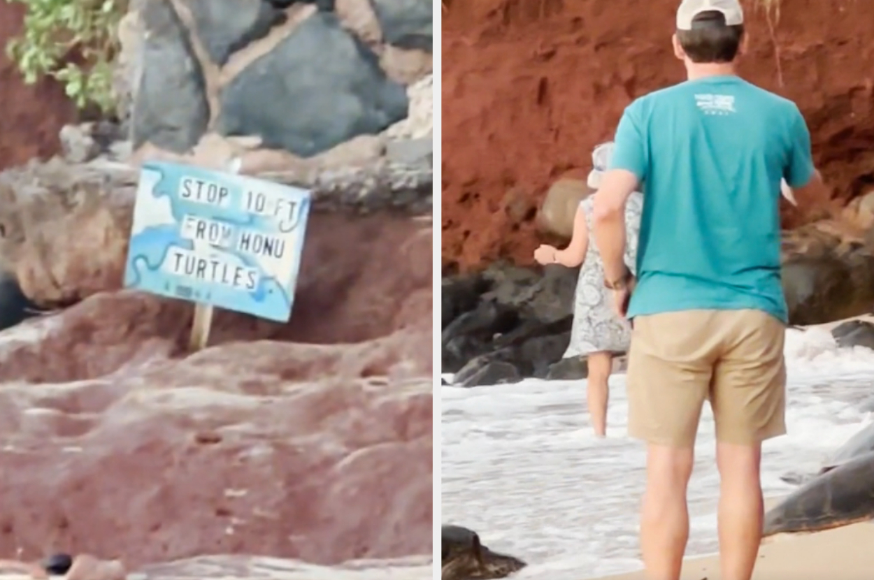A man in shorts and a hat stands near a sign by the shore that reads "STOP 10 FT FROM HONU TURTLES". A woman in a dress walks by the water