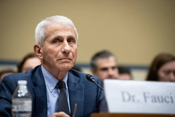 Dr. Anthony Fauci, in a dark suit and tie, sits at a desk with a microphone, speaking to lawmakers