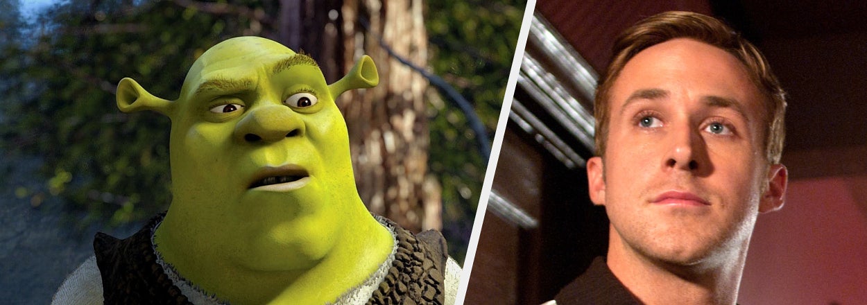 Shrek from Shrek 2 and Ryan Gosling from Drive split by a diagonal line, each on their movie's background. Movie titles are displayed in bold text