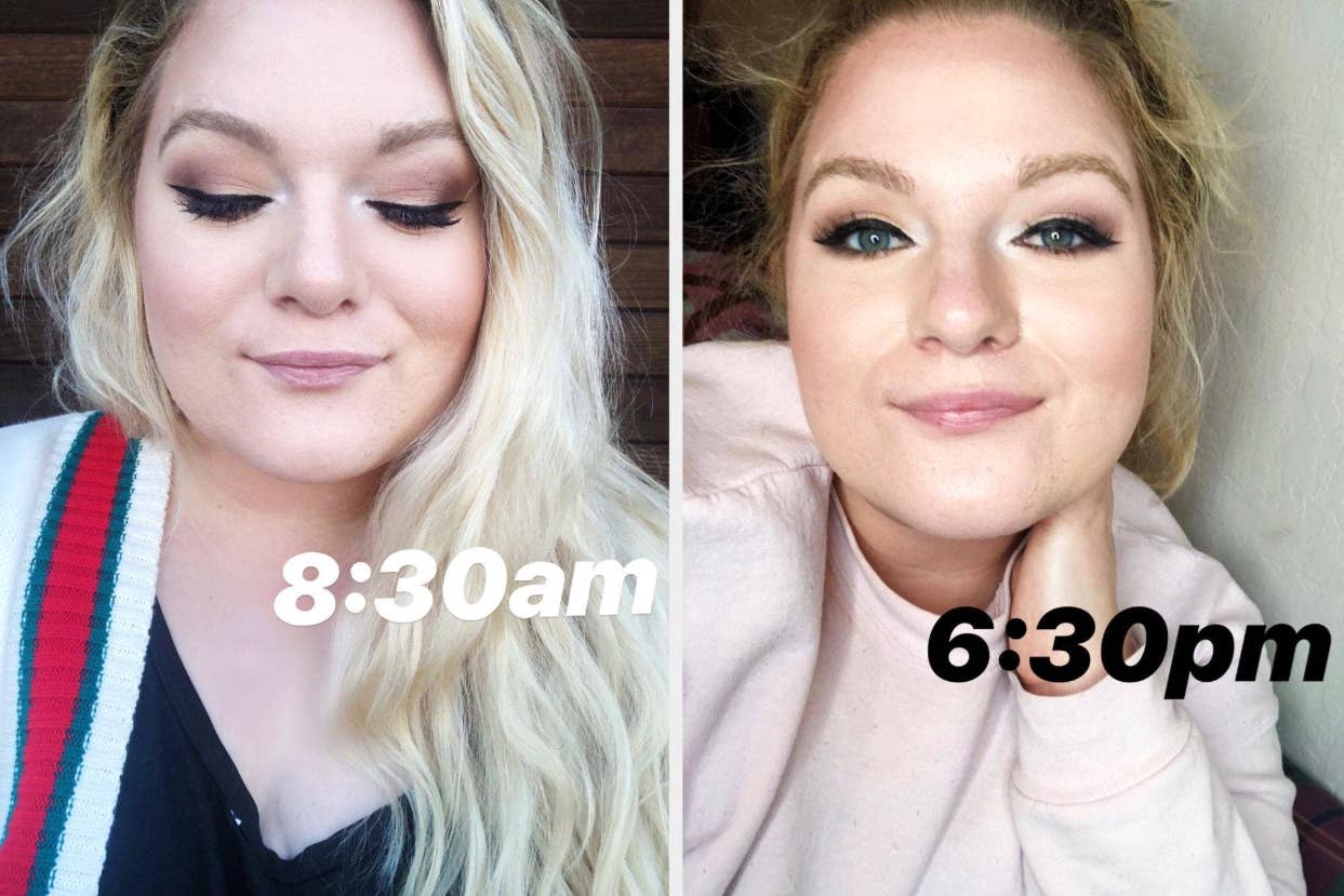 Side-by-side images of a woman at 8:30am and 6:30pm showcasing makeup durability. She has long, wavy hair and wears a cardigan and a sweatshirt in respective images