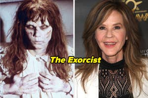 Left: Character Regan from "The Exorcist" in possessed form. Right: Actress Linda Blair smiling at an event, wearing a black lace top and white blazer. Text: "The Exorcist."