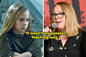 Left: Elsa from Frozen appears thoughtful. Right: A woman wearing glasses holds a microphone, captioned, "It wasn't my passion. Teaching was."