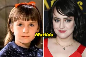 Side-by-side images of Matilda from the movie and grown-up Mara Wilson wearing a red dress with simple makeup