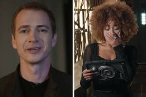 Hayden Christensen smiling on the left; Moses Ingram holding a tablet and covering her mouth with excitement on the right