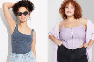 Two models are showcasing trendy summer tops. The left model wears a casual tank top and sunglasses, while the right model wears a lilac lace camisole with a light jacket