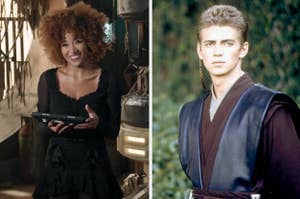 Left: Woman with curly hair holding a tablet, wearing a black dress. Right: Hayden Christensen in Jedi attire with a serious expression, dark robe, and padawan braid