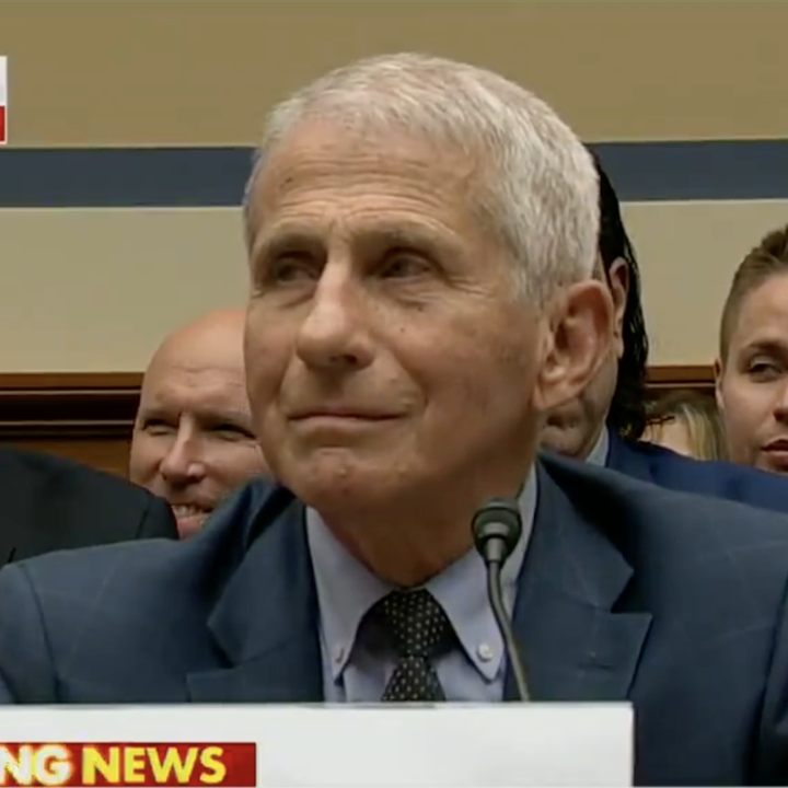 Dr. Anthony Fauci testifies before Congress on Capitol Hill. He is flanked by other officials and press members. Breaking news banner is on the screen
