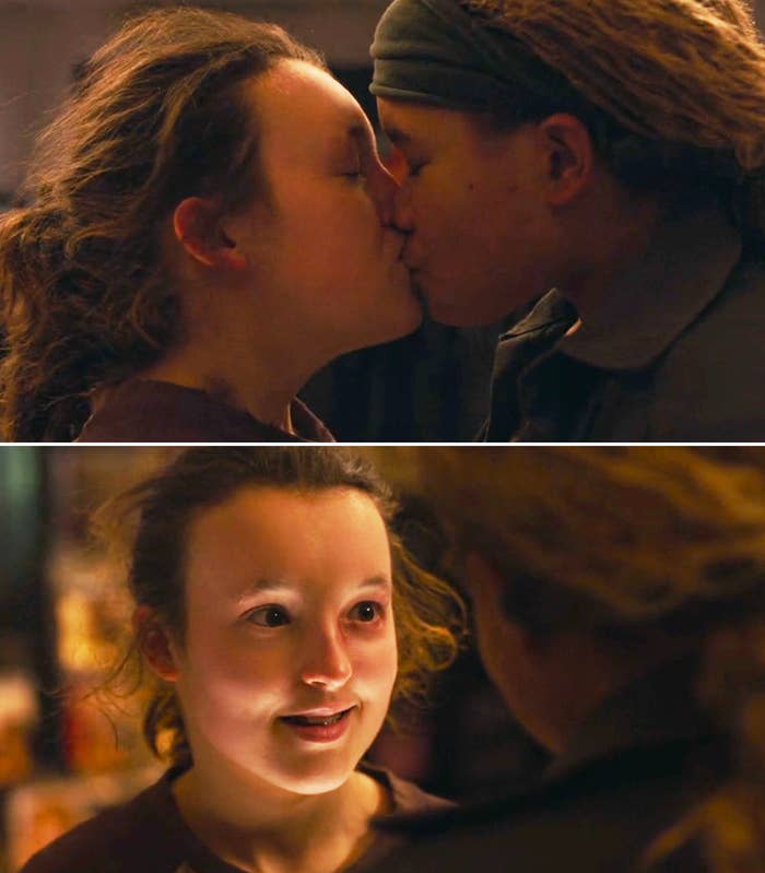 Bella Ramsey and Storm Reid share a kiss in the top image. In the bottom image, they have a close conversation