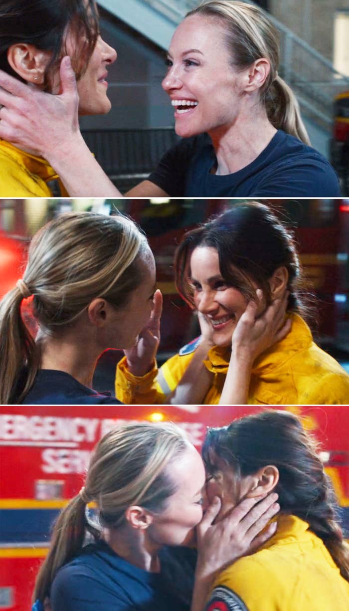 Three images of Stefania Spampinato and Danielle Savre passionately embracing and kissing on the set of a TV show about emergency responders