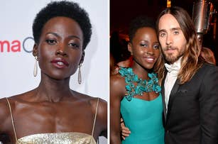 Lupita Nyong'o in a gold dress with earrings at a red carpet event; Lupita Nyong'o and Jared Leto in formal wear at a party