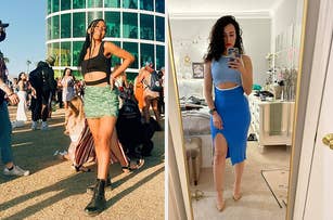 Left: reviewer in mesh mini skirt and cutout tank top. Right: reviewer in cutout knee-length sleeveless dress