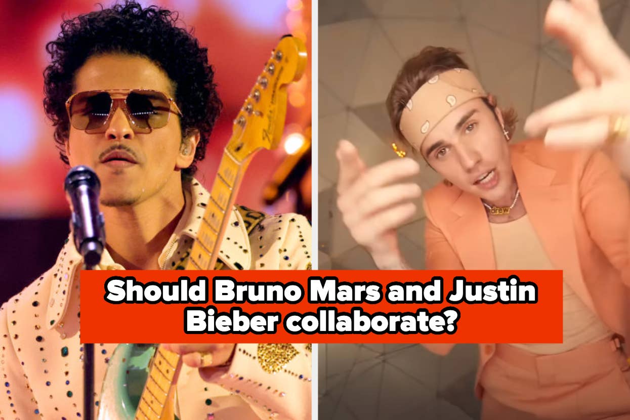Side-by-side image: Bruno Mars playing guitar, Justin Bieber gesturing with hands. Text: "Should Bruno Mars and Justin Bieber collaborate?"