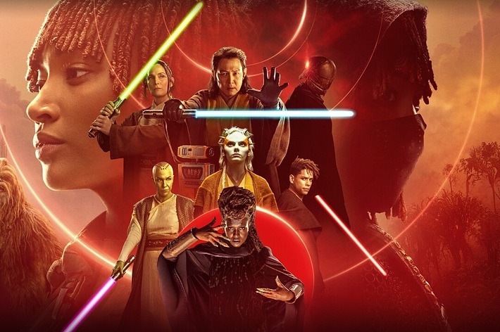 Star Wars: Ahsoka promotional image featuring characters Ahsoka Tano, Anakin Skywalker, Darth Vader, Hera Syndulla, Sabine Wren, and others with lightsabers