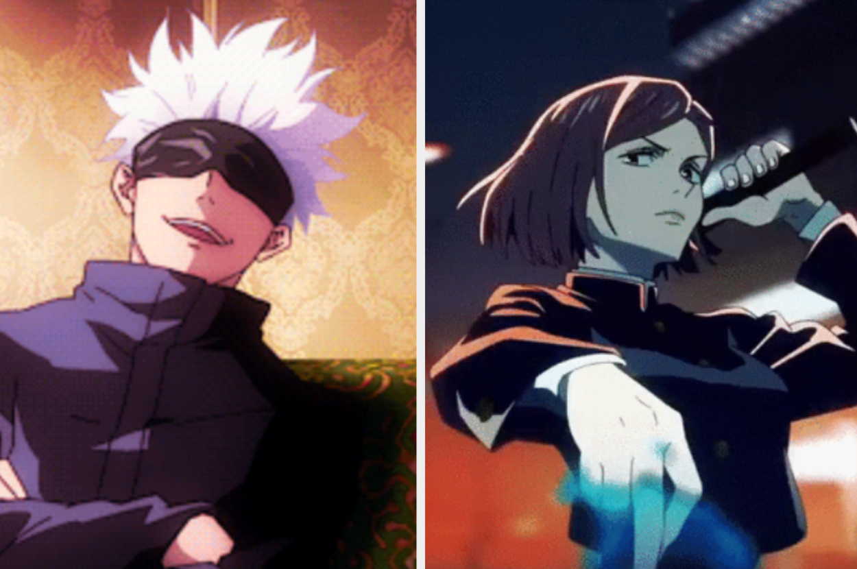 Anime characters Satoru Gojo (left) and Nobara Kugisaki (right) from "Jujutsu Kaisen." Gojo wears an eye mask; Kugisaki points forward