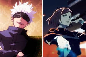 Anime characters Satoru Gojo (left) and Nobara Kugisaki (right) from "Jujutsu Kaisen." Gojo wears an eye mask; Kugisaki points forward