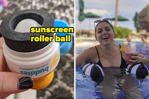 sunscreen roller ball and pool floatie