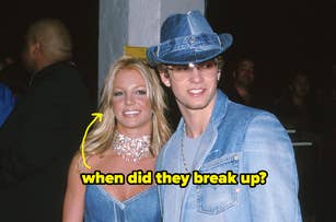 Britney Spears and Justin Timberlake on the red carpet, both wearing coordinated denim outfits. Text overlay: "when did they break up?"
