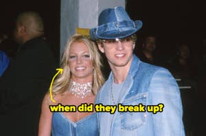 Britney Spears and Justin Timberlake on the red carpet, both wearing coordinated denim outfits. Text overlay: "when did they break up?"