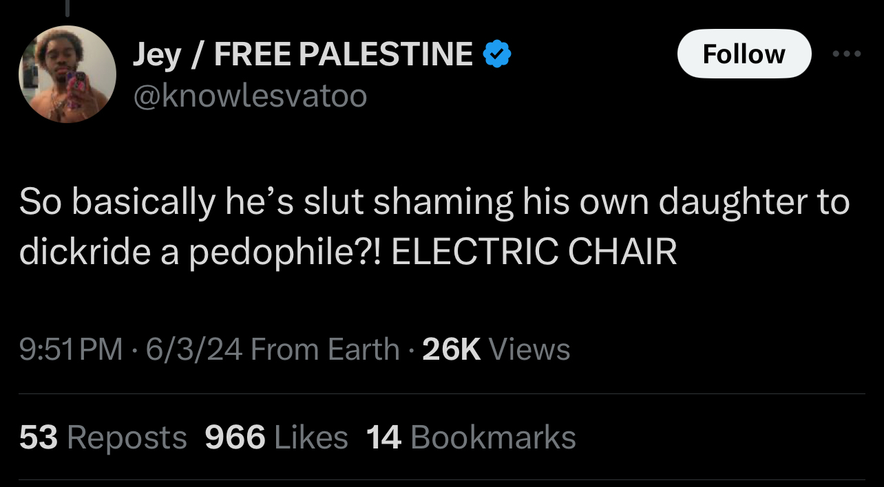 Jey&#x27;s tweet criticizes someone for slut-shaming their daughter and supporting a pedophile, using the phrase &quot;ELECTRIC CHAIR&quot; for emphasis