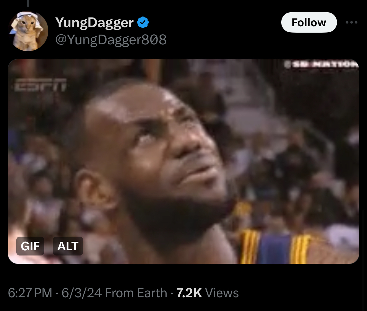 LeBron James looking up in confusion in a basketball game. Tweet by YungDagger (@YungDagger808) with 7.2K views as of 6:27 PM on 6/3/24