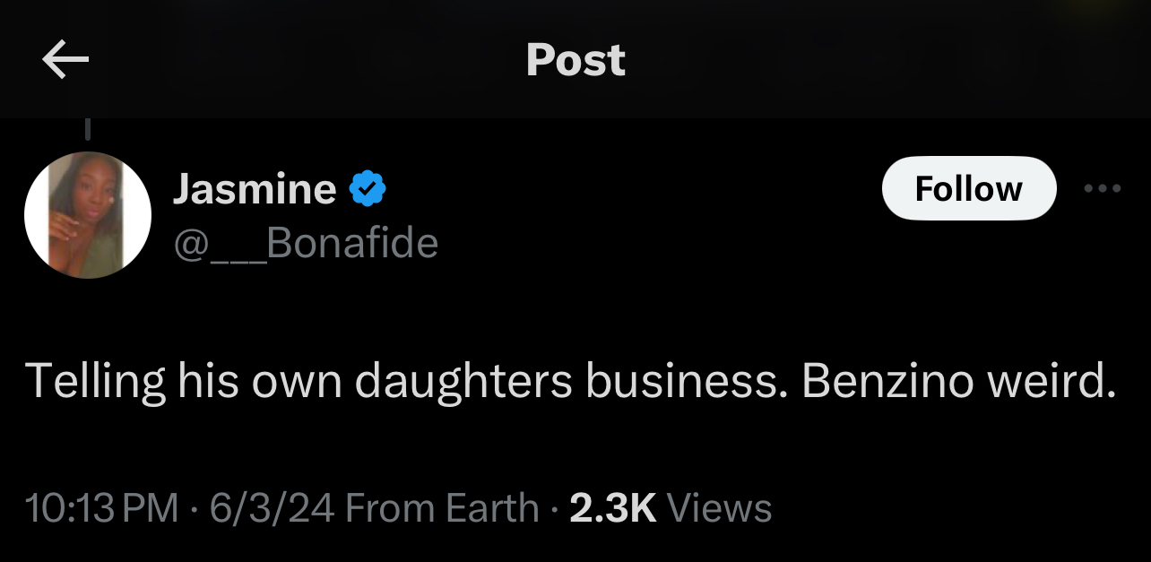 A tweet from Jasmine @___Bonafide says, &quot;Telling his own daughter&#x27;s business. Benzino weird.&quot;
