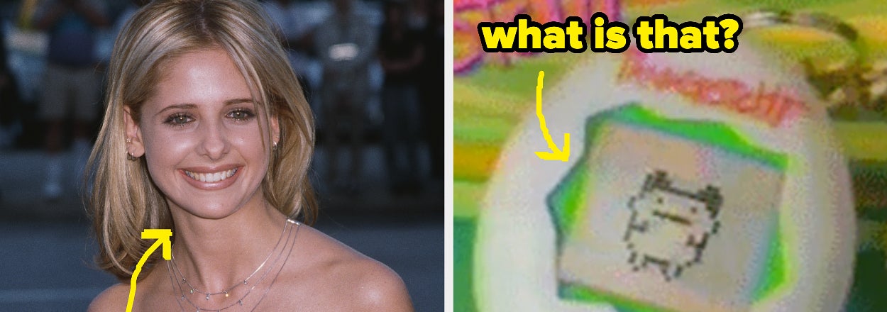 Sarah Michelle Gellar on the left in a strapless top. On the right, a Tamagotchi toy with a digital pet. Text: "who is this?" and "what is that?"