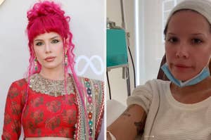 Halsey in two photos: left showing her in traditional attire with jewelry on a red carpet, right in a medical setting wearing a knit top and mask pulled below her chin
