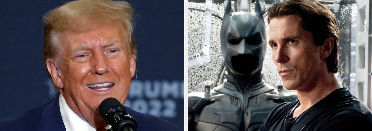 Donald Trump speaking at an event; Christian Bale standing with Batman suit in background