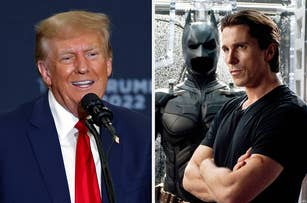 Donald Trump speaking at an event; Christian Bale standing with Batman suit in background