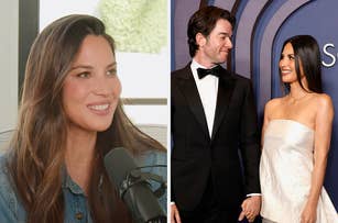 Olivia Munn being interviewed; Olivia and John Mulaney holding hands at an event, she in a strapless dress, he in a tuxedo
