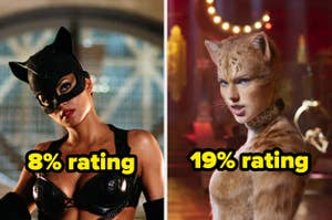 Halle Berry as Catwoman and Taylor Swift as Bombalurina from Cats, both with their respective movie ratings displayed: 8% for Catwoman and 19% for Cats