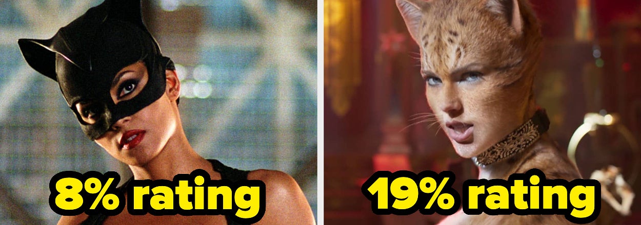 Halle Berry as Catwoman and Taylor Swift as Bombalurina from Cats, both with their respective movie ratings displayed: 8% for Catwoman and 19% for Cats