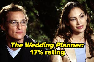 Matthew McConaughey and Jennifer Lopez in a scene from "The Wedding Planner." Text overlay reads: "The Wedding Planner: 17% rating."