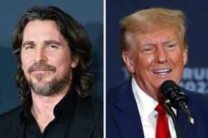 Christian Bale and Donald Trump are pictured side-by-side. Christian Bale has long hair and a beard, wearing a black suit. Donald Trump is speaking at a podium, wearing a suit and tie