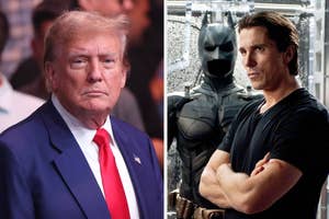 Donald Trump in a suit with a red tie on the left, and Christian Bale in casual attire standing with arms crossed in front of Batman suits on the right