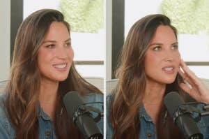 Olivia Munn speaking into a podcast microphone, wearing a denim jacket