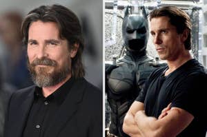 Christian Bale on the left in a suit with a beard, and on the right in costume as Batman from a movie scene