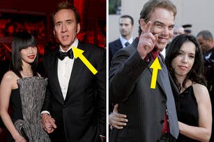 Nicolas Cage in a black tuxedo with a woman on his right; Billy Bob Thornton with a woman, smiling and pointing while in a gray suit