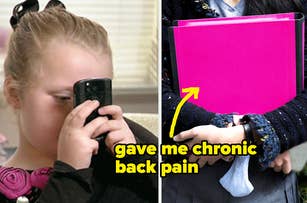 A girl in a left photo looks through a smartphone, and hands holding a large pink folder titled "gave me chronic back pain" with a yellow arrow pointing at it on the right