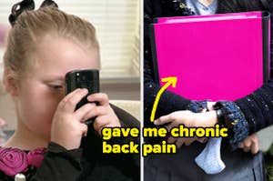 A girl in a left photo looks through a smartphone, and hands holding a large pink folder titled "gave me chronic back pain" with a yellow arrow pointing at it on the right