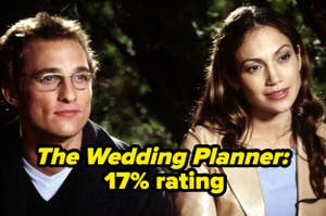 Matthew McConaughey and Jennifer Lopez in a scene from "The Wedding Planner." Text overlay reads: "The Wedding Planner: 17% rating."