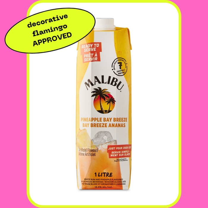 Malibu Pineapple Bay Breeze 1-liter carton with "decorative flamingo APPROVED" label. Ready-to-serve pineapple and coconut cocktail