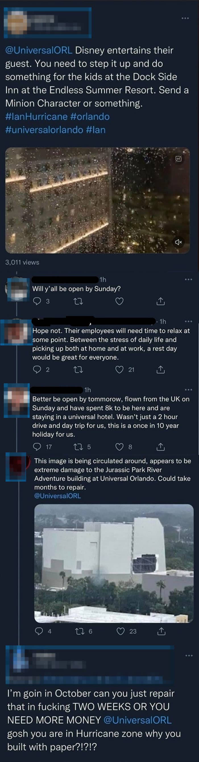 Screenshot of Twitter replies criticizing @UniversalORL for inaction during hurricane Ian. Users suggest improvements or compare it to Disney's handling
